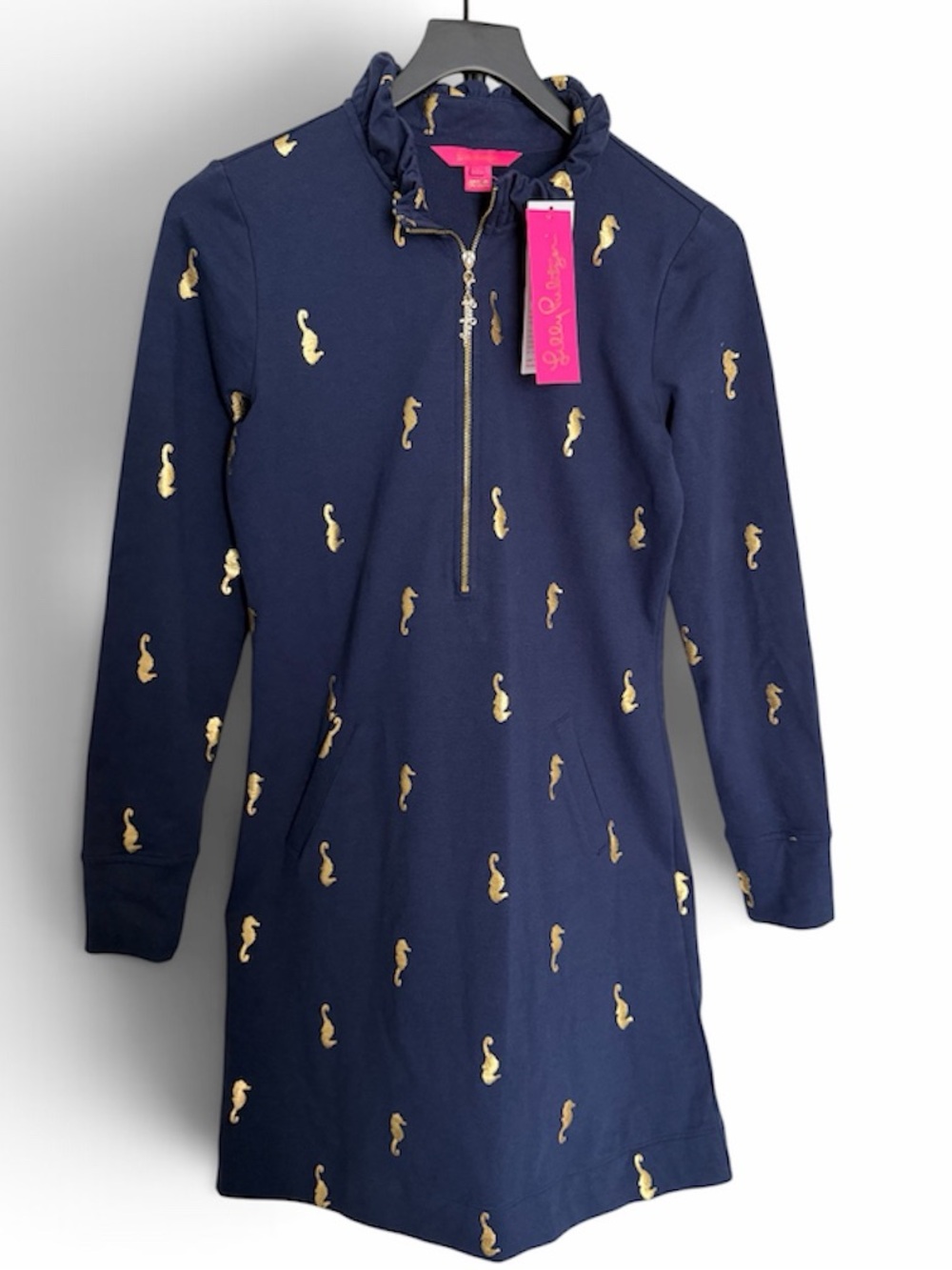 NWT Lilly Pulitzer Sz. S UPF 50+
Skipper Ruffle Dress Navy Seahorse
Shift Dress